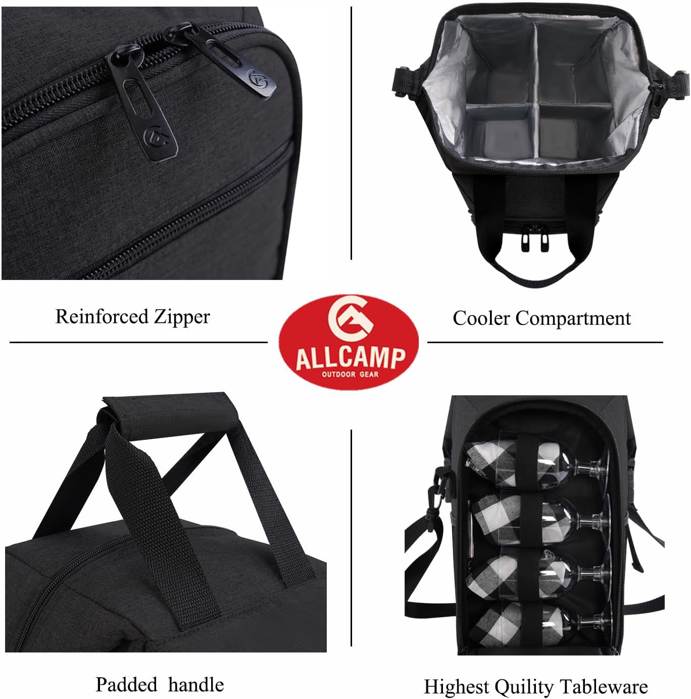 ALLCAMP 4 Bottle Wine Gift Bag - Insulated Tote Cooler, Adjustable Strap, Includes 4 Wine Glasses, Napkins & Corkscrew, Portable Travel Gifting (Black)