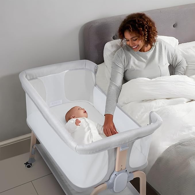 Cowiewie Bassinet Bedside Sleeper, Breathable Baby Bedside Bassinet and Mattress, Lightweight and Portable for Bedside Sleeping, Light Grey
