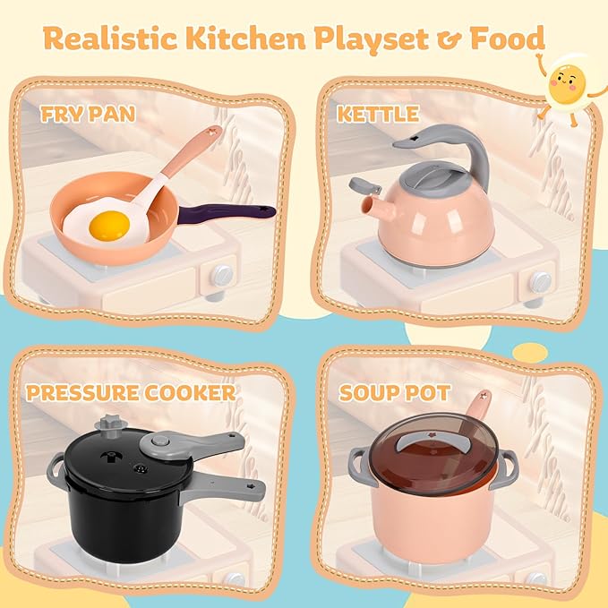 105Pcs Kids Kitchen Toy Accessories, Toddler Pretend BBQ Camping Cooking Playset, Play Pots, Pans, Utensils Cookware Toys, Play Food Set, Vegetables, Learning Gift for Girls Boys