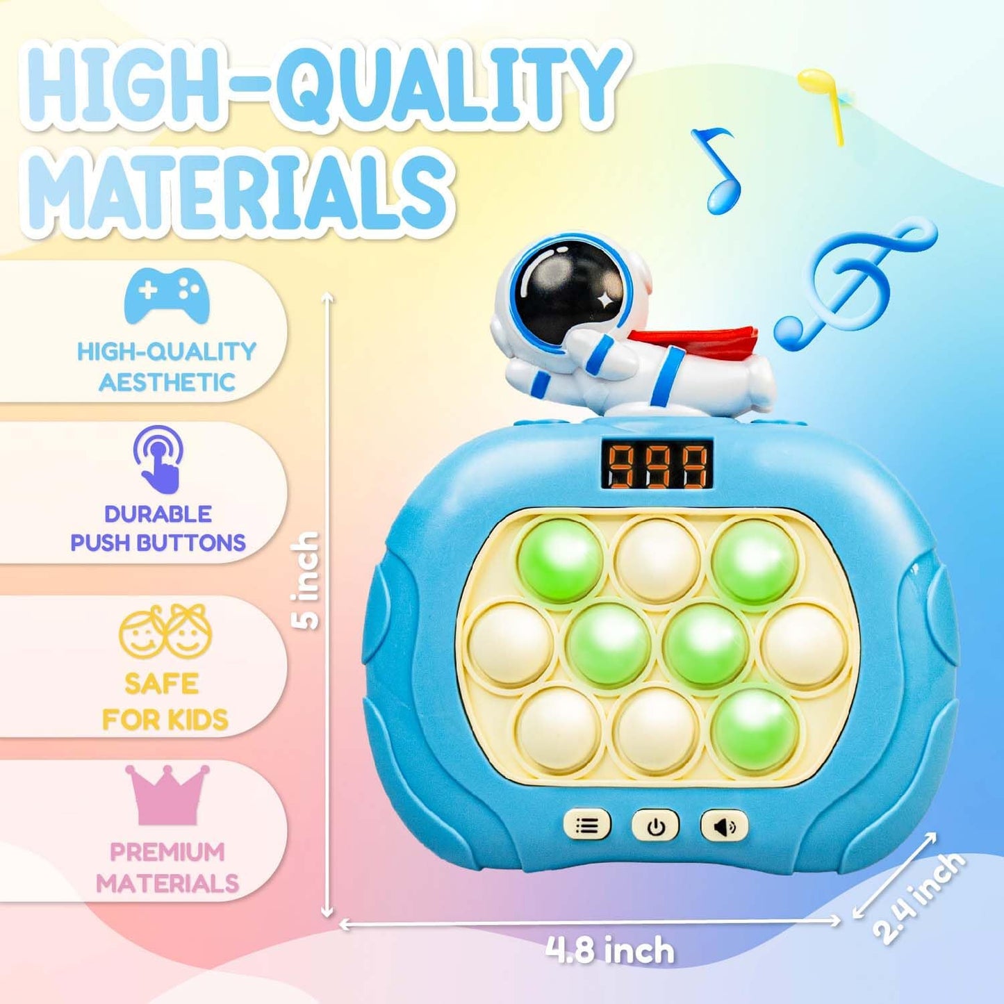 Marlo & Buzz Fast Push Game Toy with Popit Game Controller, Pop Fidget Animal with LED Screen - Sensory and Memory Console, Quick Bubble Light Toy, Pocket Games (Blue Spaceman)