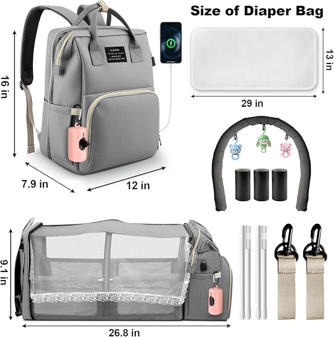 juman Diaper Bag Backpack, Large Diaper Bag with Changing Station, Baby Bag with USB Charging Port, 3 Rolls of Waste Bags with Dispenser, Waterproof Diaper Bags for Boys & Girls, Baby Shower Gifts