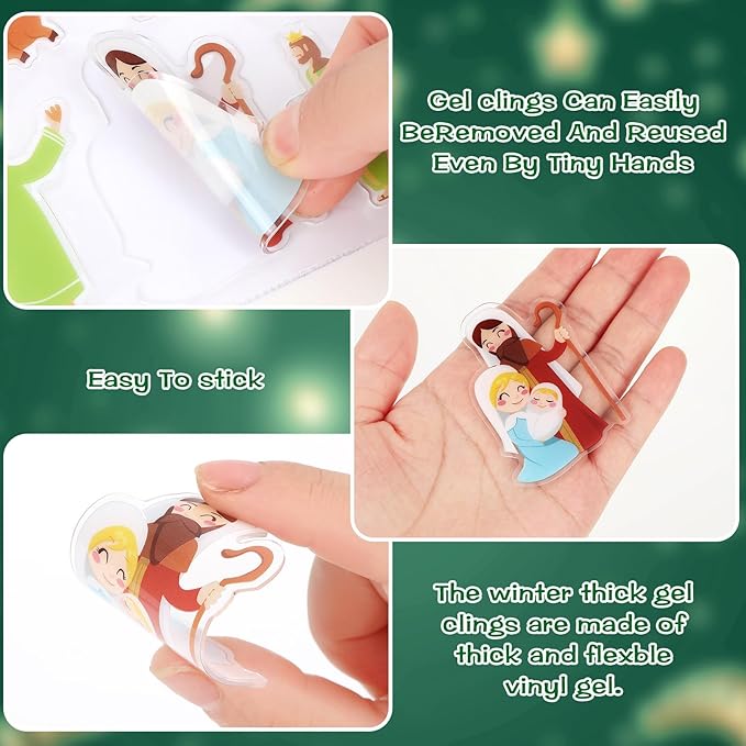 MARFOREVER Nativity Christmas Window Clings Stickers,50 PCS Christmas Religious Gel Stickers Holy Jesus Thick Gel Clings Decals for Gift Toddlers Classroom Xmas Window