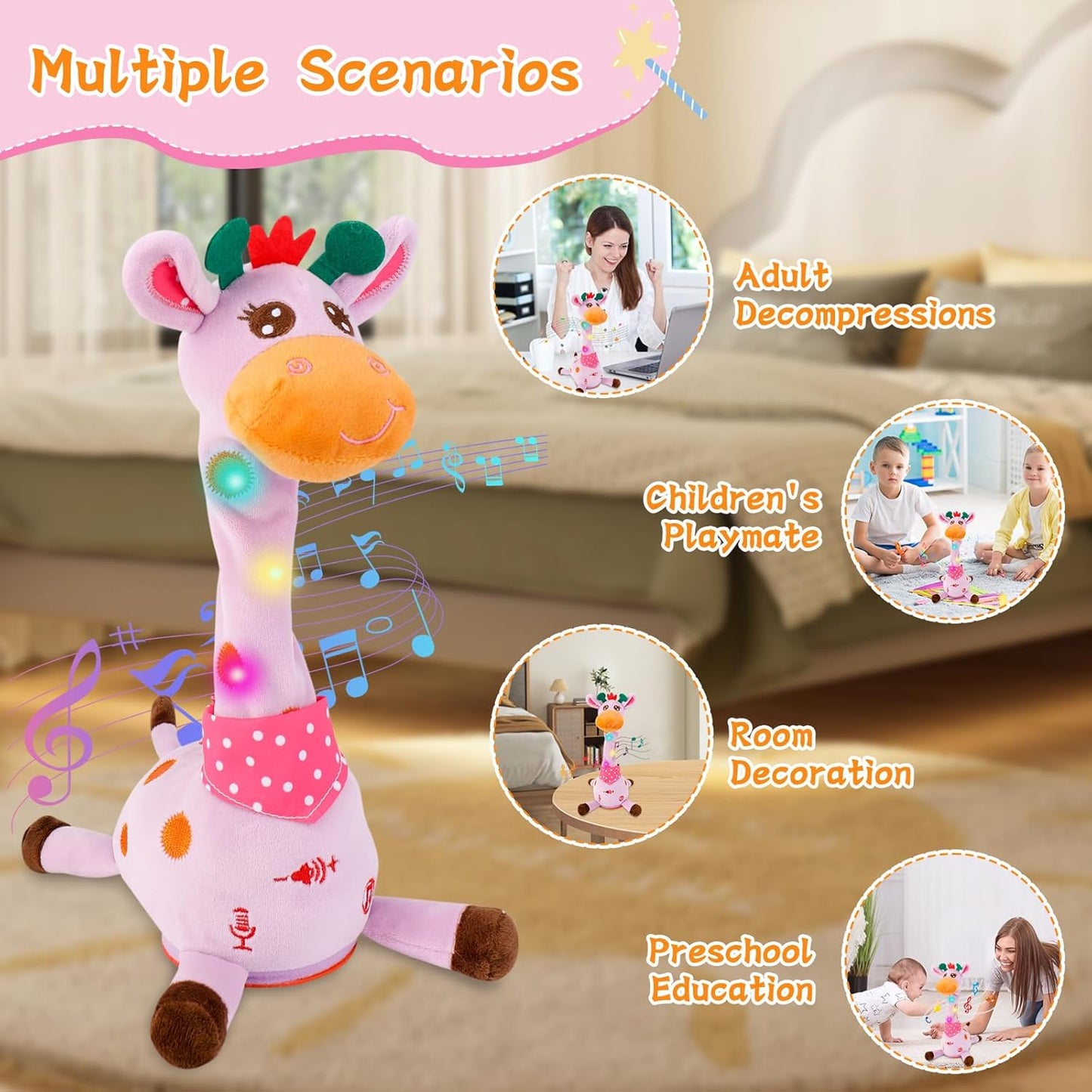 Dancing Giraffe Toy, Stuffed Animal Toy Repeating What You Say, Glowing Musical Electronic Talking Giraffe Gifts