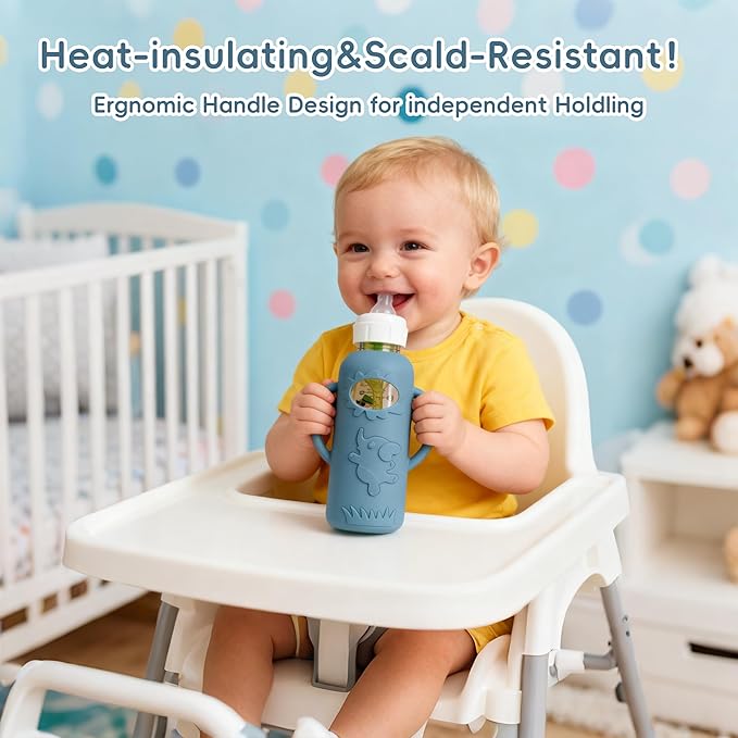 3-Pack Silicone Bottle Sleeve with Handles for Dr. Brown’s 8oz Narrow Glass Baby Bottles – BPA-Free, Heat-Resistant, Anti-Slip Grip, Easy to Clean, Multiple Colors (8oz,Dark Green + dark blue + white)