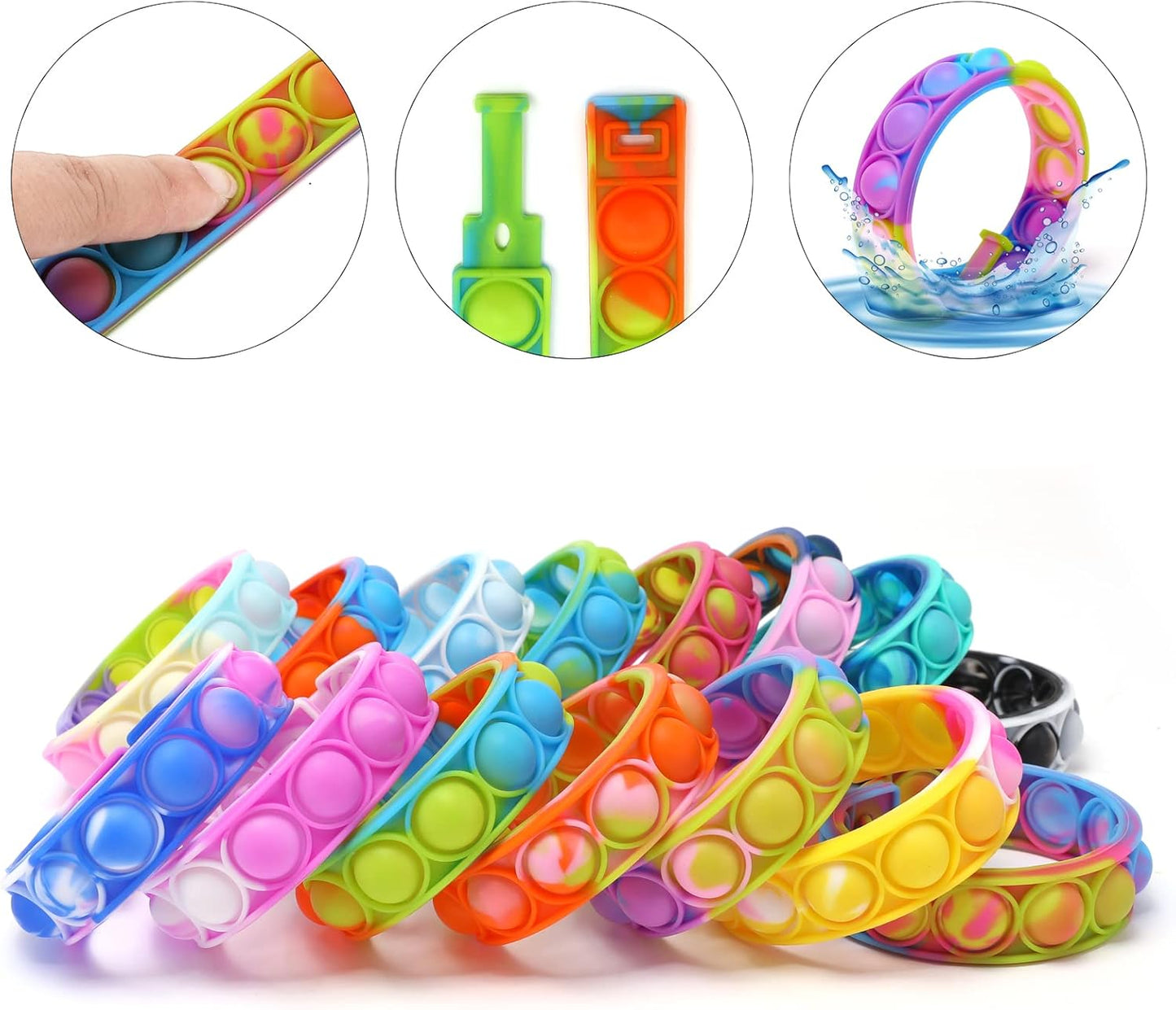 30 pcs Pop Fidget Toy Fidget Bracelet, Durable and Adjustable, Multicolor Stress Relief Finger Press Bracelet Wristband for Kids and Adults ADHD ADD Autism Anxiety (30pc)
