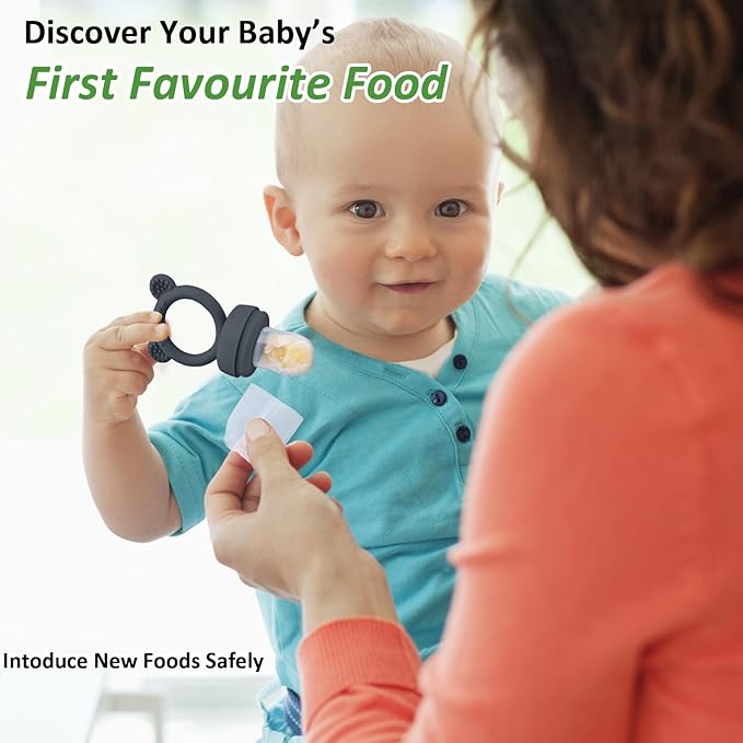 JEXFUN Silicone Baby Food Feeders + Freezer Tray for Batch Prep, Introduce New Foods Safely, Double as Silicone Teething Toys, BPA Free Silicone Feeder for Safe Infant Self Feeding - (Dark Grey)