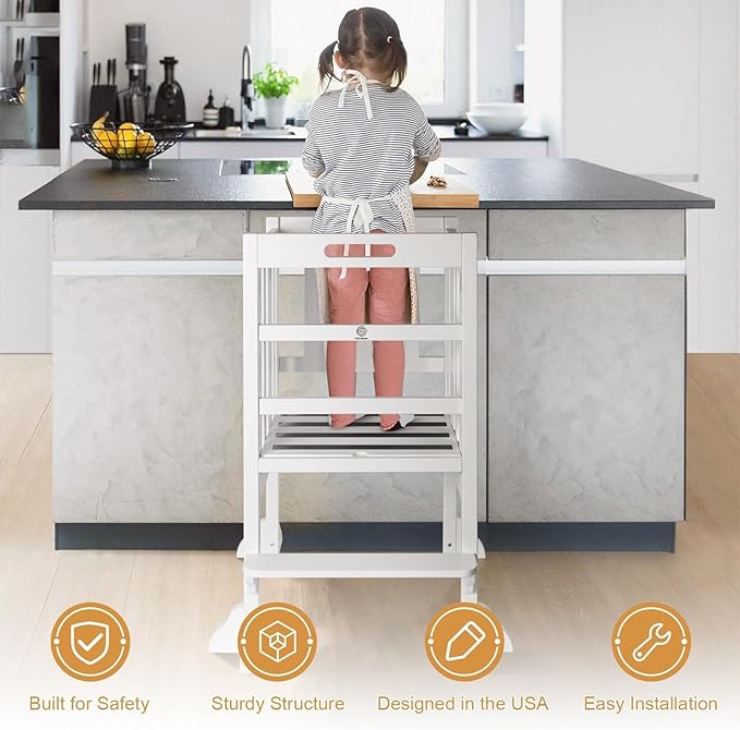 WOOD CITY Kitchen Step Stool Helper - Montessori Foldable Standing Tower for Toddlers with Safety Rail, Height Adjustable Ideal Helper for Learning New Skills, Natural Pure Pine Wood (White)