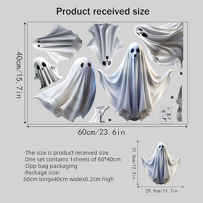 Halloween Ghost Window Clings for Glass 1PCS Static Cling Window Decals Spooky Window Stickers White Removable & Reusable Home School Office Party Decorations