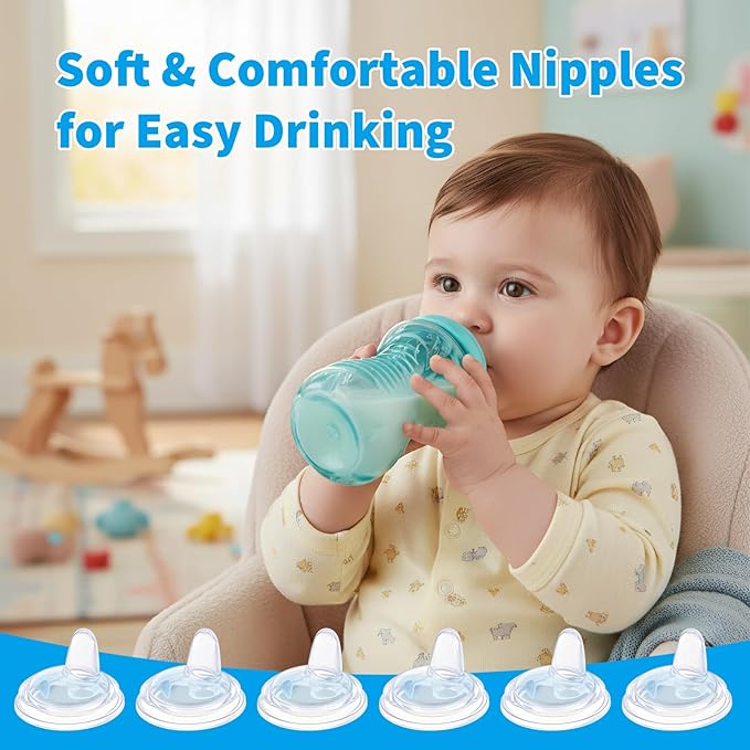 6 Pack Replacement Spouts Compatible with Nuby, Soft Silicone Spout, Transition Spout for Sippy Cups, Non-Leak Nipples Replacement, Easy to Clean, Easy Transition from Bottle to Cup, 6m+