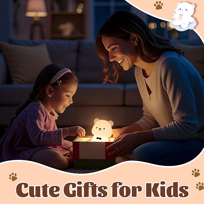 Attivolife Teddy Bear Night Light for Kids, Baby Nursery Beside Silicone Lamp, Protable USB Rechargeable Kids' Bedroom Nightlight with 8 Color Lights, Birthday Christmas Gifts for Girl Boy Children