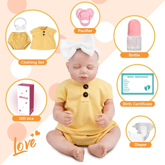 Jirachi Lifelike Reborn Baby Dolls, Real Life Vinyl Body Sleeping Baby Girl, 18 Inch Realistic Reborn Baby with Feeding Accessories for Girls Age 3+