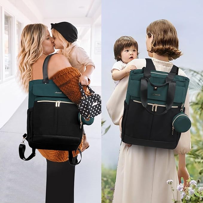 LOVEVOOK Diaper Bag Backpack with Insulated Pockets, Baby Changing Pad, Pacifier Case - Anti-Theft Travel Backpack for Women, Black-Green