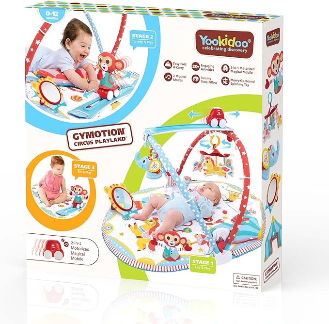 Yookidoo Baby Gym and Play Mat - 3 Stage Accessory Gym with Motorized Robot Track - 20 Development Activities - Age 0-12 Months (Gymotion Circus Playland)