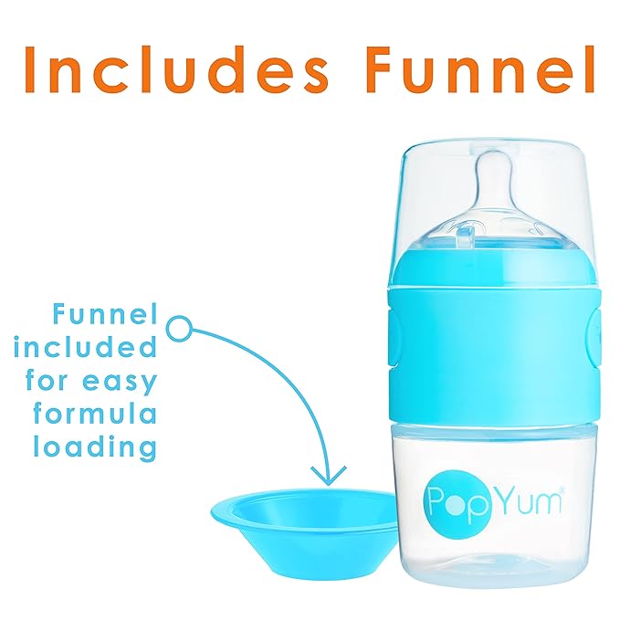 PopYum Blue Formula Making Baby Bottle Starter Set, 4-Pack, 2X 5oz Bottles with #1 Slow Flow Nipples + 2X 9oz Bottles with #2 Medium Flow Nipples, Mixing, Dispenser