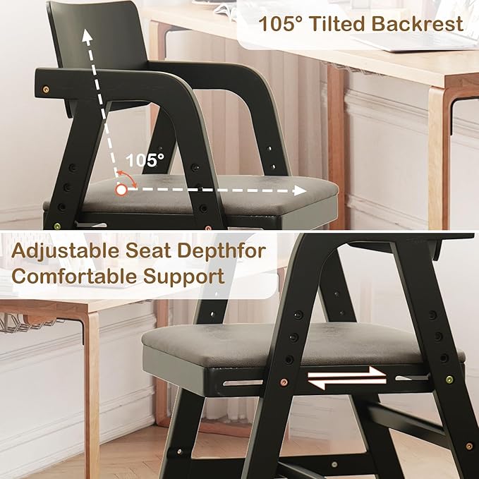 Solid Wood High Chair for Toddlers to Teens, Adjustable Height Toddler Dining Chair, Easy to Clean Toddler Highchair with Removable PU Cushion for Dining, Studying, Step Tool, Black