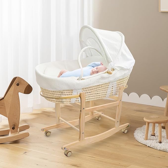 Moses Basket Stand, Bassinets Stand, Wooden Rocking Moses Baskets Stand for Baby Bassinets, Mose Basket Bassinet Stand Adjustable Bassinet Rocker with Wheels