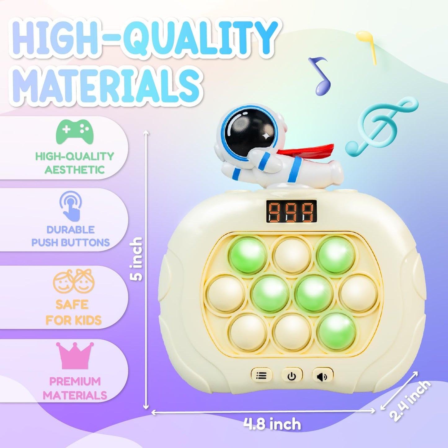 Marlo & Buzz Fast Push Game Toy with Popit Game Controller, Pop Fidget Animal with LED Screen - Sensory and Memory Console, Quick Bubble Light Toy, Pocket Games (White Spaceman)