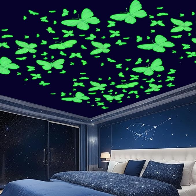 Glow in The Dark Butterfly Stickers, 85 PCS Luminous Wall Decals for Ceiling, Kids Boys Girls Bedroom, Nursery, Playroom, Party Room Decor