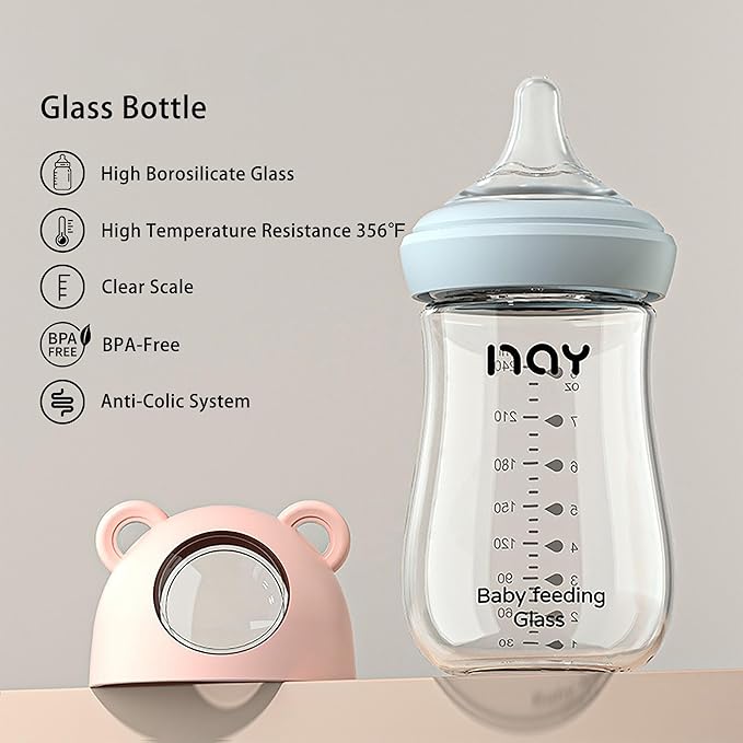 Natural Glass Baby Bottle for Breastfeeding Babies, 8oz Anti-Colic Baby Bottle with Natural Response Nipple(M), Clear, Wide Neck, 2 Pack, 3 Months+