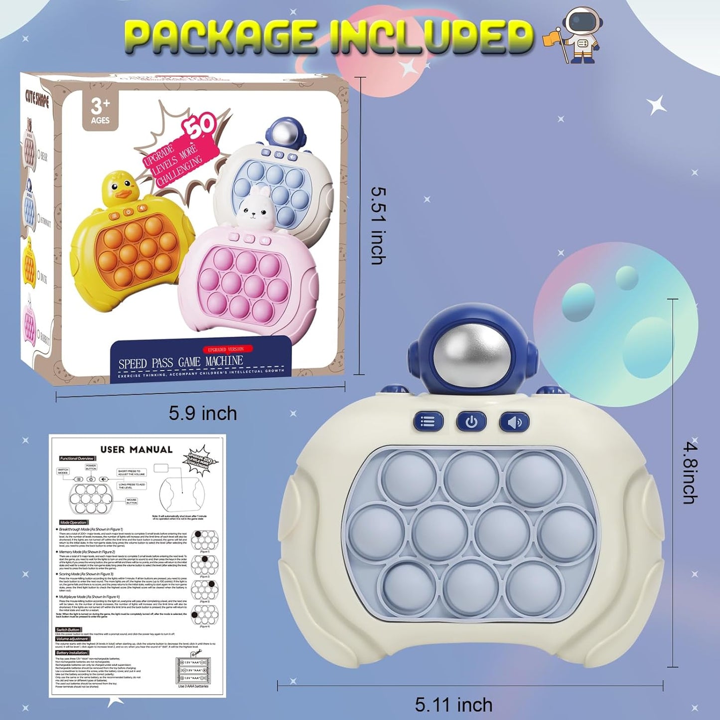 Quick Push Pop Game Fidget Toys for Kids Adults, Handheld Puzzle Game Machine, Squeeze Poppet Sensory Fast Push Bubble Toy, Xmas Birthday Gifts for Boys Girls (Astronaut Green Light)