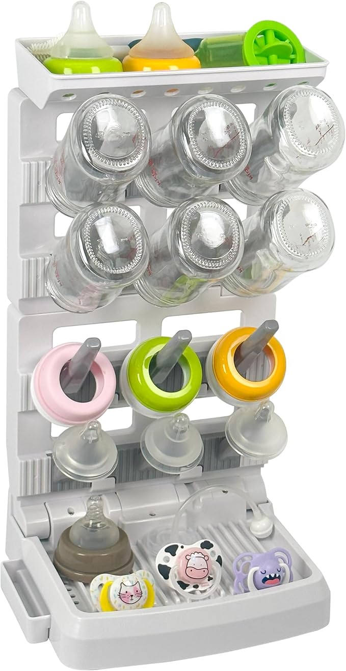 Baby Bottle Drying Rack for 12 Bottles, Space Saving Countertop Vertical Standing Bottle Dryer Rack for Baby Accessories & Pump Parts (Large White&Grey)