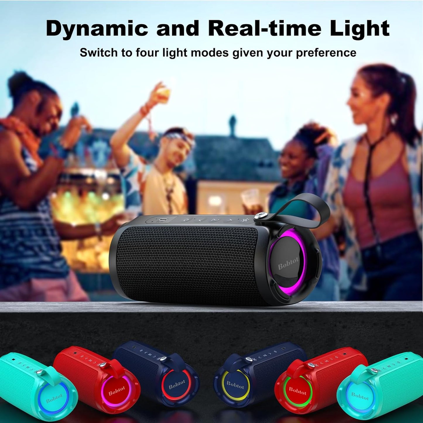 Bobtot Portable Bluetooth Speaker, IPX6 Waterproof Speaker with Punchy Bass, 15W Loud Sound, RGB, 15H Playtime, Dual Pairing for Party, Camping, Beach, Black