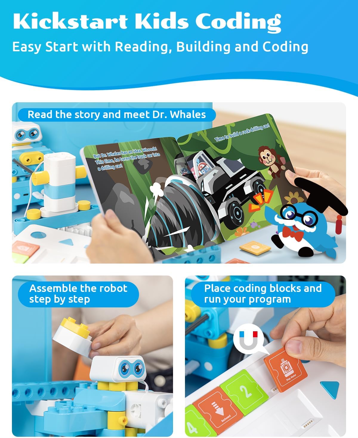 WhalesBot C3 Pro 12-in-1 Remote Control & Coding Robot Kit for Kids 4+, Advanced Smart Panel & Cards Programming, Educational STEM Toy, Block Building Set with Controller & Motor for Kids 4-6, 5-7