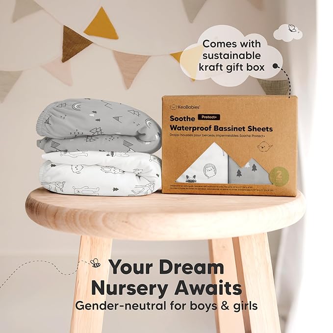 2-pk Waterproof Bassinet Sheets Girls, Boys, Cotton - 33x17 Universal Bassinet Mattress Pad Protector Cover, Compatible with Graco,Baby Delight,Chicco,Halo Bassinest Swivel Sleeper Fitted (Woodland)