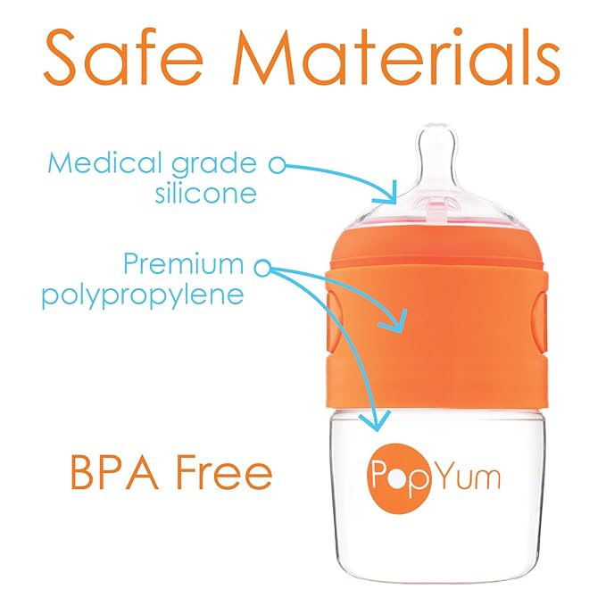 PopYum 5 oz Orange Anti-Colic Formula Making/Mixing/Dispenser Baby Bottles, 3-Pack with #1 Slow Flow Nipples, 150 ml, BPA-Free, Natural Latch