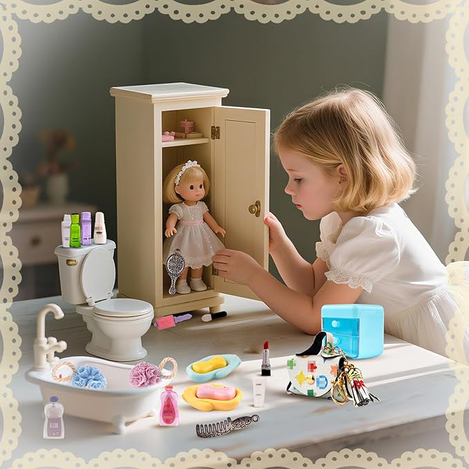 87Pcs Dollhouse Miniature Bathroom Accessories Cosmetic & Toilet Pretend Play Mini Makeup Set with Shampoo Perfume Hair Dryer Comb Purse Decor DIY Doll Backpack Glasses Photo Frame Salon Spa