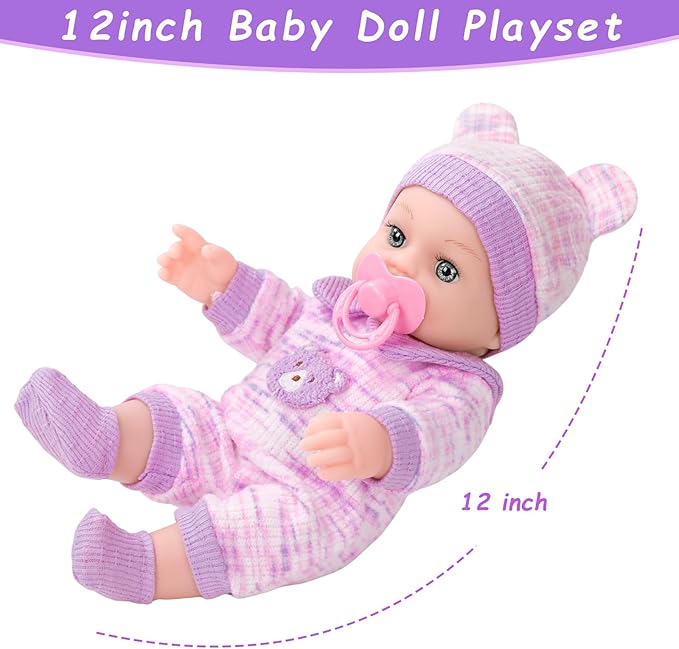 12'' Baby Doll with Bear Pattern Backpack in Gift Box,Including Clothes Accessories, Backpack, Baby Bottle, Pacifier, Hat, Socks, and Handkerchief for 3+ Child Girls Gifts