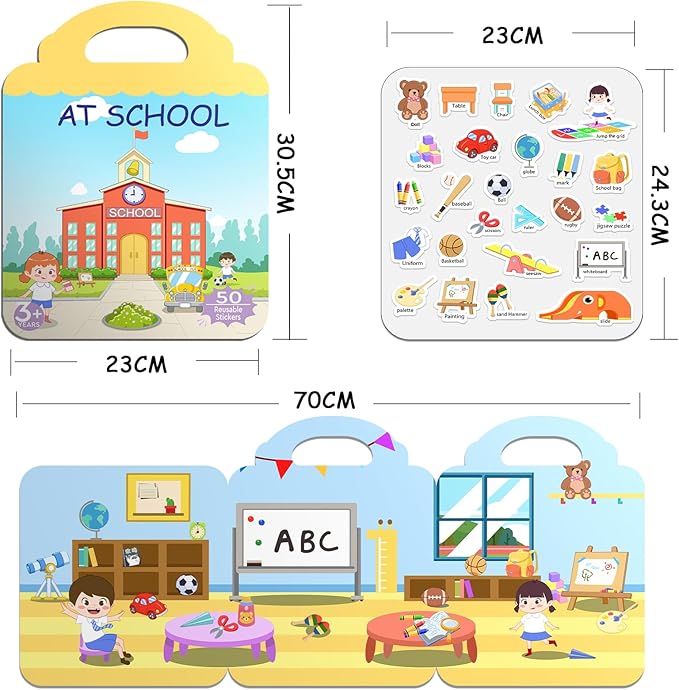 JOFREY at School Reusable Sticker Book,Jelly Sticker for Kids,50pcs Stickers ,Quiet Busy Book Preschool Learning Activities for Toddlers Ages 3-6