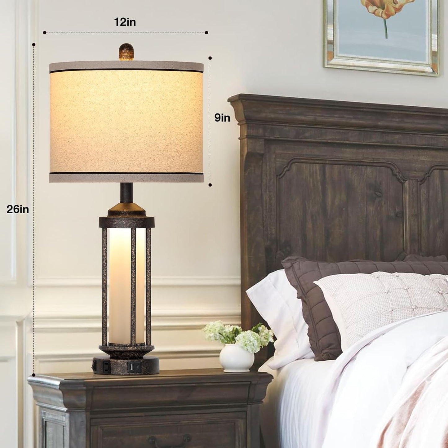 27" Industrial Farmhouse Table Lamp, Vintage Rustic Beside Lamp with USB A+C Charging Ports & AC Outlet, Modern Single Table Lamp with Frosted Glass Night Light for Bedrooms Nightstand Bronze