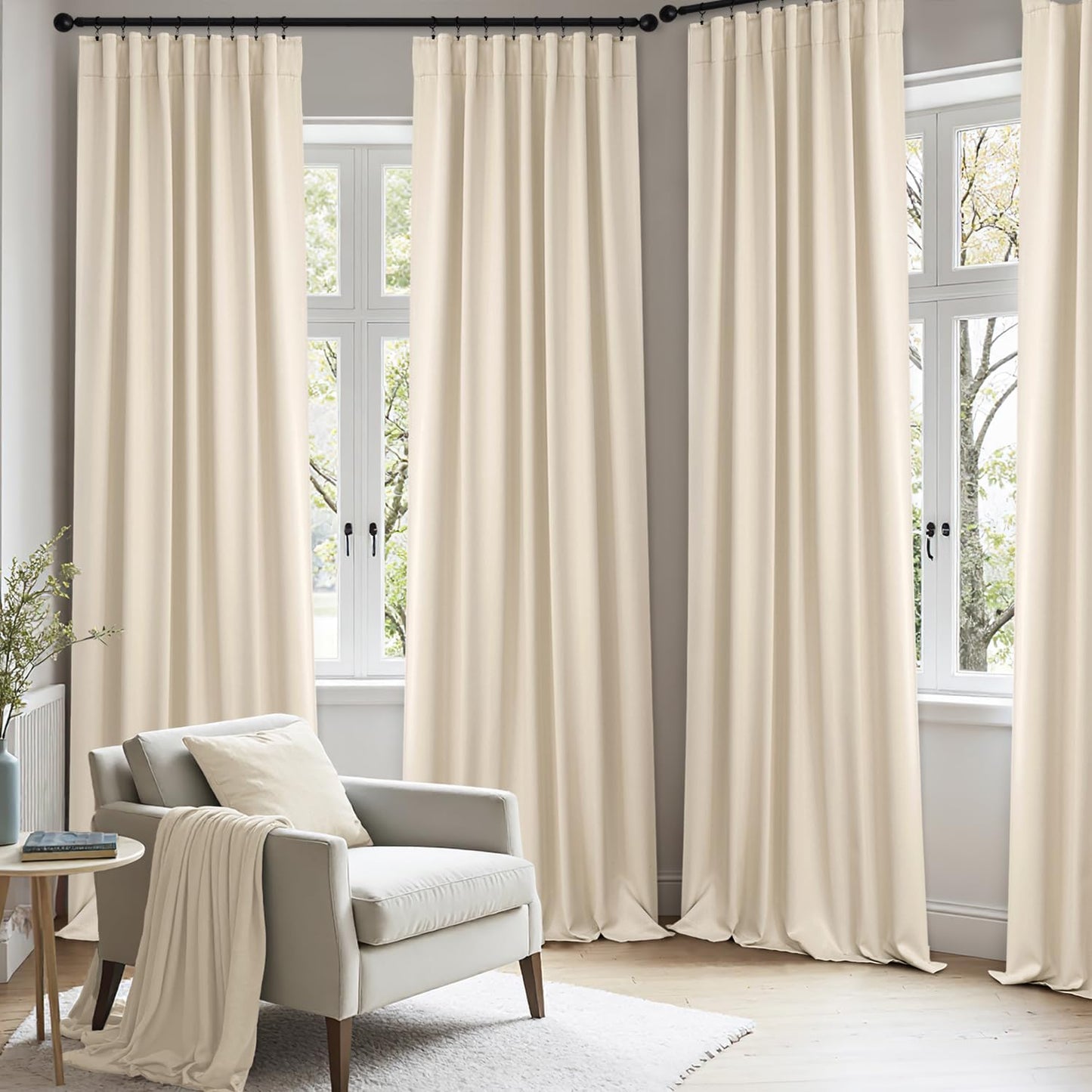 ANRODUO Back Tab Blackout Curtains for Bedroom Living Room, Rod Pocket Pinch Pleated Thermal Insulated Room Darkening Curtains 84 Inches Long 2 Panels, Cream Beige, 42 x 84 Inch