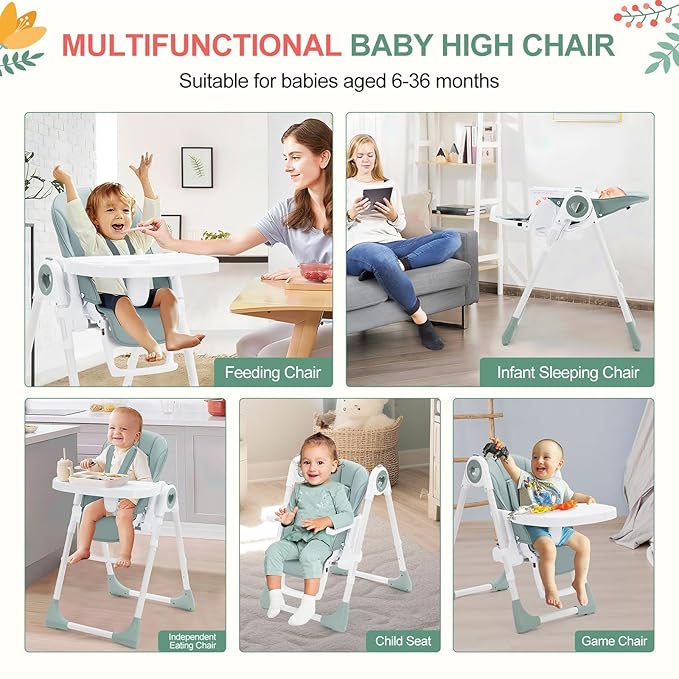 Foldable High Chairs for Babies and Toddlers, Adjustable Infant Baby Chair with Removable Tray and Non-Slip Foot Pads, Highchair for Children Aged 6 to 36 Months, Green
