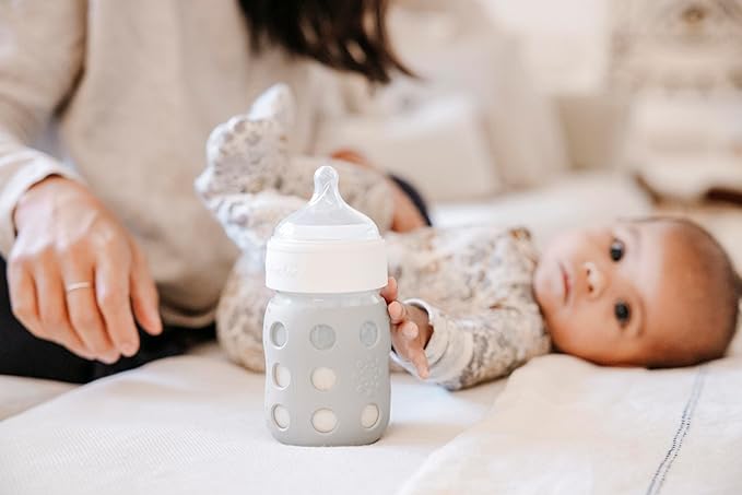 Lifefactory 8-Ounce Wide Neck Glass Baby Bottle with Protective Silicone Sleeve and Stage 2 Nipple, Stone Grey (LG2211WCG4)