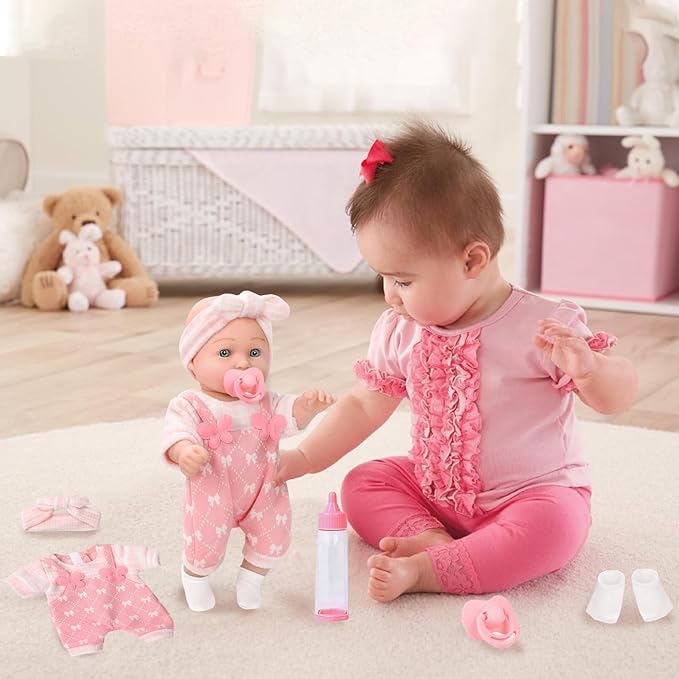 12" Baby Doll with Clothes and Accessories Set in Gift Box,12 Inch Baby Care Game Playset with Pacifier Feeding Bottle First Baby Dolls Toy Stuff Gift Idea for Toddler Girl Age 3+