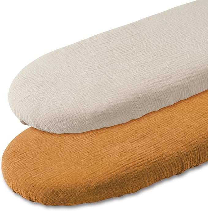 Muslin Bassinet Fitted Sheets, 2 Pack for Baby Boy and Girl, Soft Breathable Stretchy Baby Pad/Mattress Sheet Set, Universal Fit for Hourglass Oval and Rectangle Bassinet Mattress (Elegant Colors)