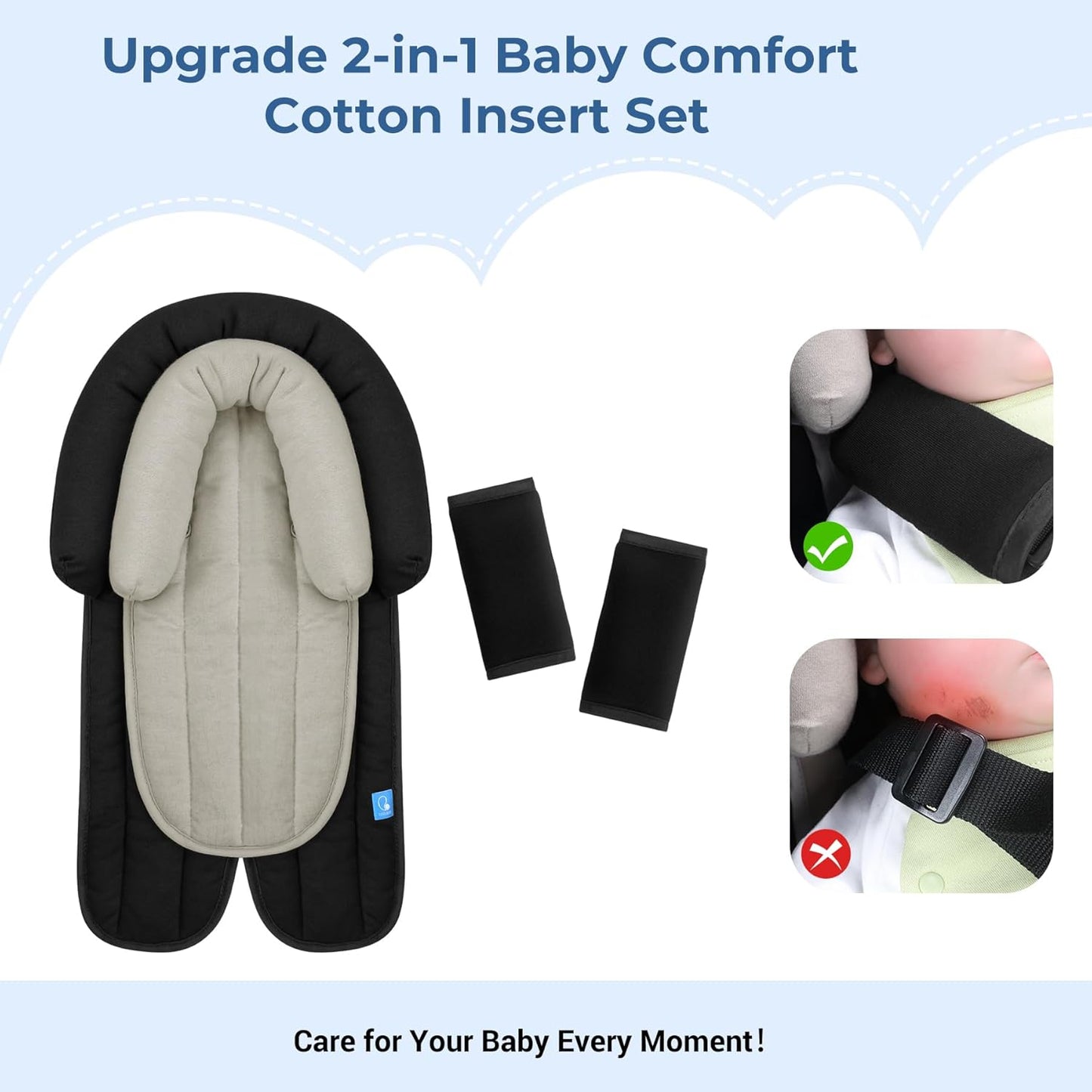 COOLBEBE Upgraded Babybody Support & Strap Covers Set for Newborn Infant Toddler - Extra Soft Breathable Car Seat Insert Cushion Pad, Perfect for Carseats, Strollers, Swing, Black