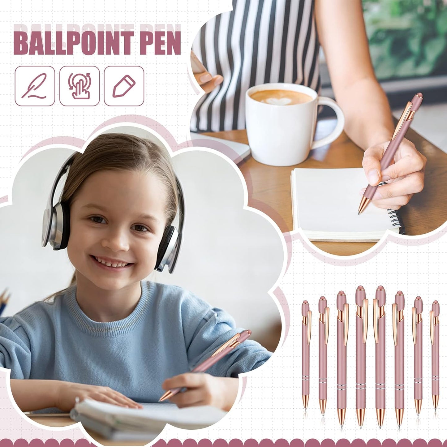 8 Pieces Ballpoint Pen with Stylus Tip Black Ink 2 in 1 Stylus Metal 1.0 mm Medium Point Smooth Pen Rainbow Colorful Rubberized Ballpoint for Touch Screen Tablet(Rose Gold)