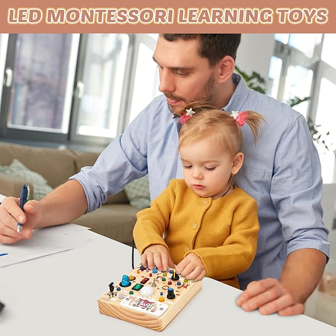 Joyreal Wooden Busy Board with LED Light, Montessori Toddler Toys, Wooden Sensory Board, Toddlers Activity Travel Toys for Boy & Girl Birthday Gift (Forest Theme)