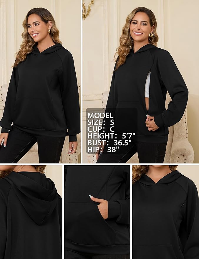 Bhome Nursing Sweatshirt Hoodie for Breastfeeding with Hidden Zippers Maternity Breast Pumping Tops Kangaroo Pocket