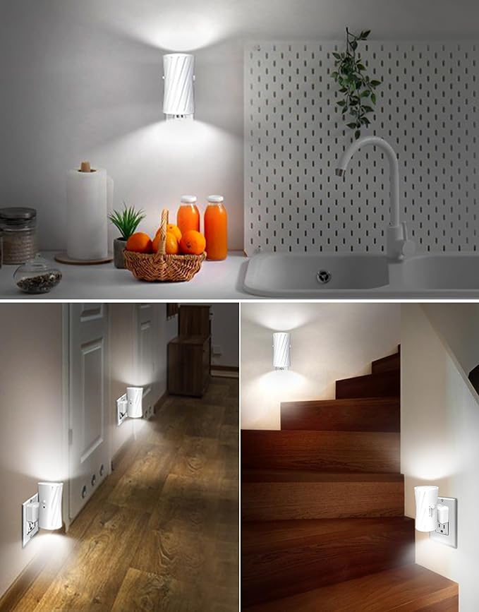 Night Lights Plug into Wall, LED Plug in Night Light, 3000K/5000K Switch, Dusk to Dawn Light Sensor, 0-100LM Adjustable Brightness Wall Light, Modern Night Light for Hallway Bedroom Stairway, 2 Pack