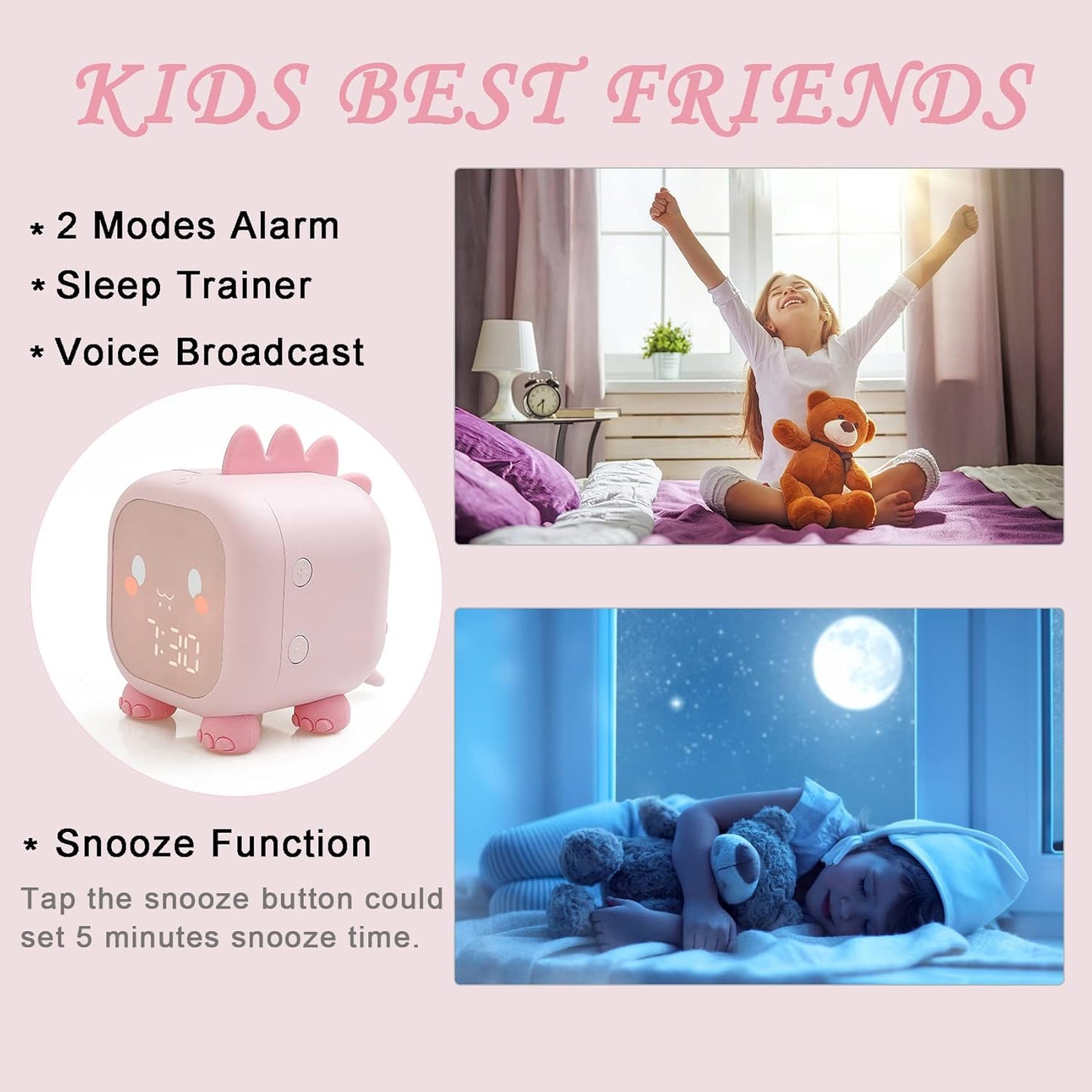 Alarm Clock Kids Dinosaur Alarm Clocks Girls Pink Digital Alarm Clock for Kids Girl Children with Night Light