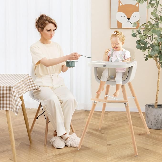 BABY JOY Convertible Baby High Chair, 3 in 1 Wooden Highchair/Booster/Chair with Removable Tray, Adjustable Legs, 5-Point Harness, PU Cushion and Footrest for Baby, Infants, Toddlers (Beige)