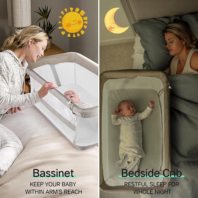 Cowiewie Bassinet Bedside Sleeper,Baby Bassinets Higher Place on Bed,5-Position Adjustment Baby Crib,Breathable 360°All-Around Mesh Sides Bedside Bassinet,Space-Saving Bedside Cribs, Beige