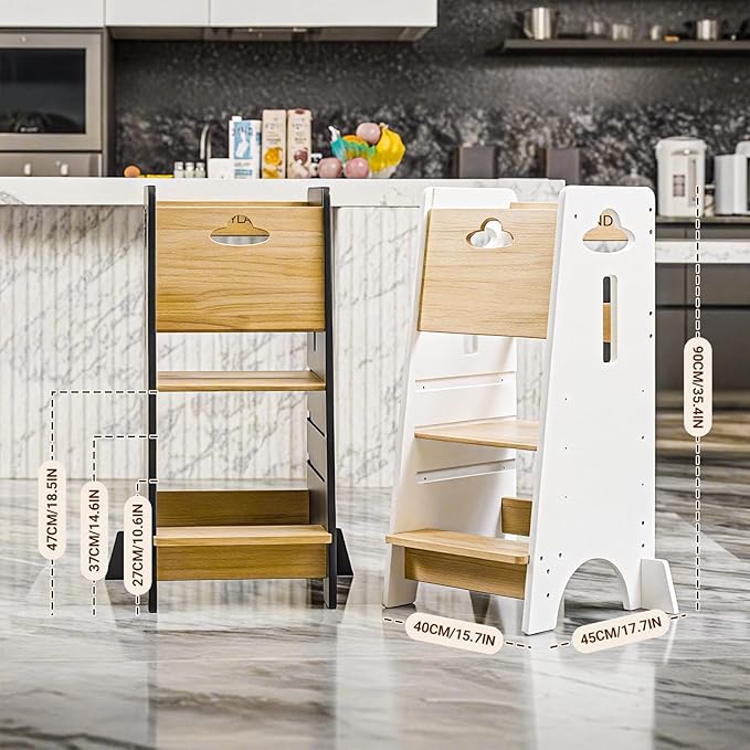 COSYLAND Toddler Standing Tower Adjustable Height - Super Stable Kids Kitchen Stool Helper - 3 Levels Adjustable Wooden Toddler Kitchen Stool (Natural & White)