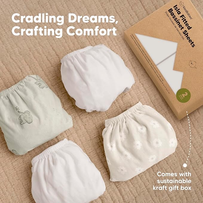 2-Pack Baby Bassinet Sheets Girl, Boy - 33x17 Viscose Derived from Bamboo Bedside Mattress Fitted Bassinet Sheets, Compatible with Halo Bassinest Swivel Sleeper, Baby Delight, Graco(Soft White)