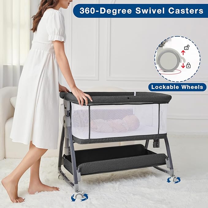 Bedside Bassinet for Baby, Adjustable Newborn Bassinet with Wheels, Storage Basket, Mattress, Easy to Assemble & Portable Folding Baby Cradle (Black)