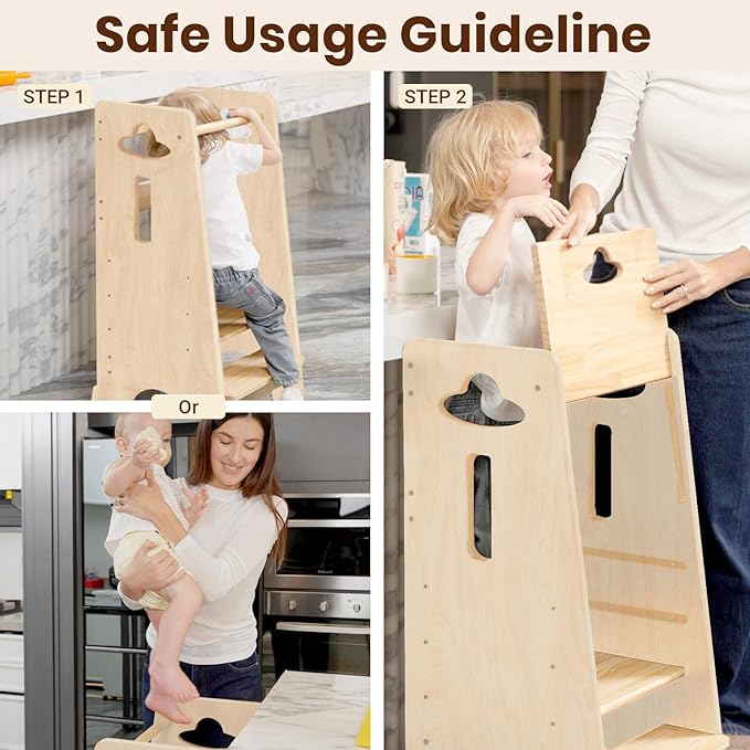 COSYLAND Height Adjustable Toddler Standing Tower - Super Stable Toddler Kitchen Stool Helper with Wooden Barrier - No Falling or Tipping Over (Natural)